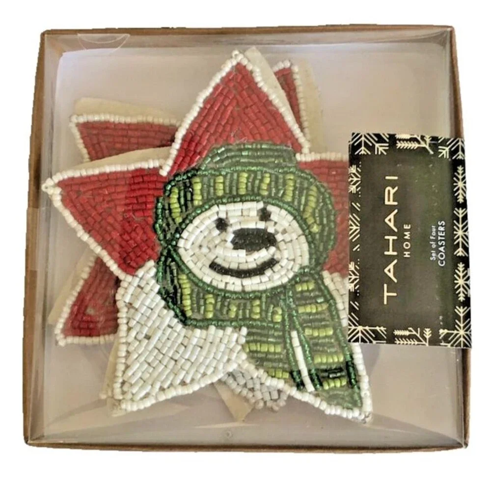 Tahari Christmas Beaded Drink Coasters Holiday Winter Snowman on a Star Set of 4